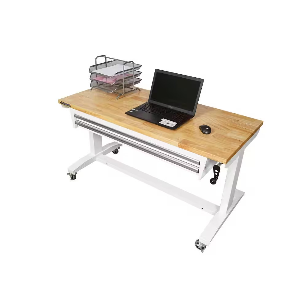 52 In. W X 24 In. D 2-Drawer Adjustable Height White Workbench Table