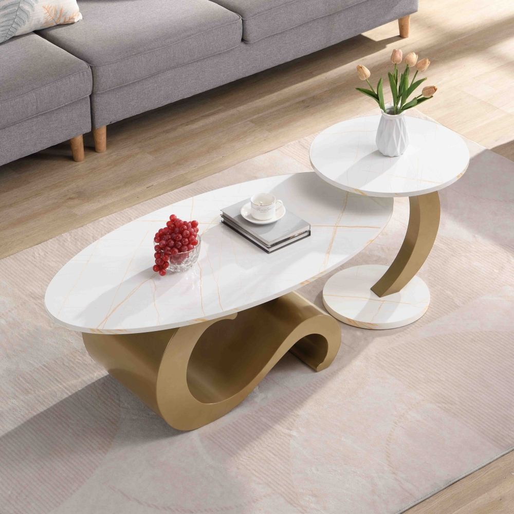 Nesting Coffee Table Set of 2 Oval Round Side End Tables Golden MDF Metal Frame