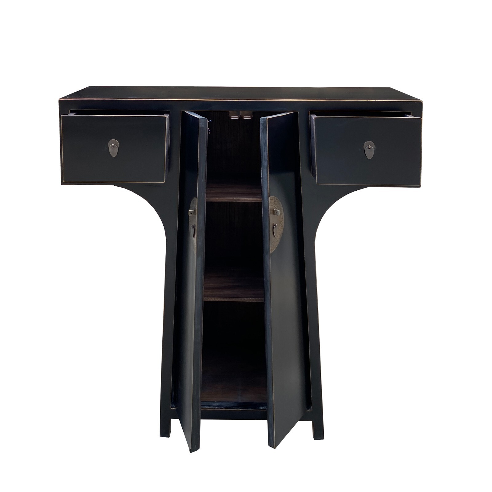 Chinese Moon Face T-Shape Black Lacquer Drawers Side Table Cabinet cs7478