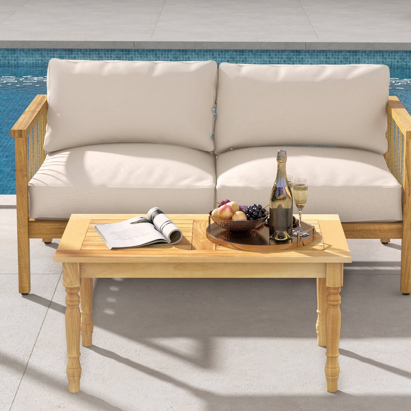 Patio Coffee Table w/ Solid Teak Wood Structure Slatted Tabletop for Backyard
