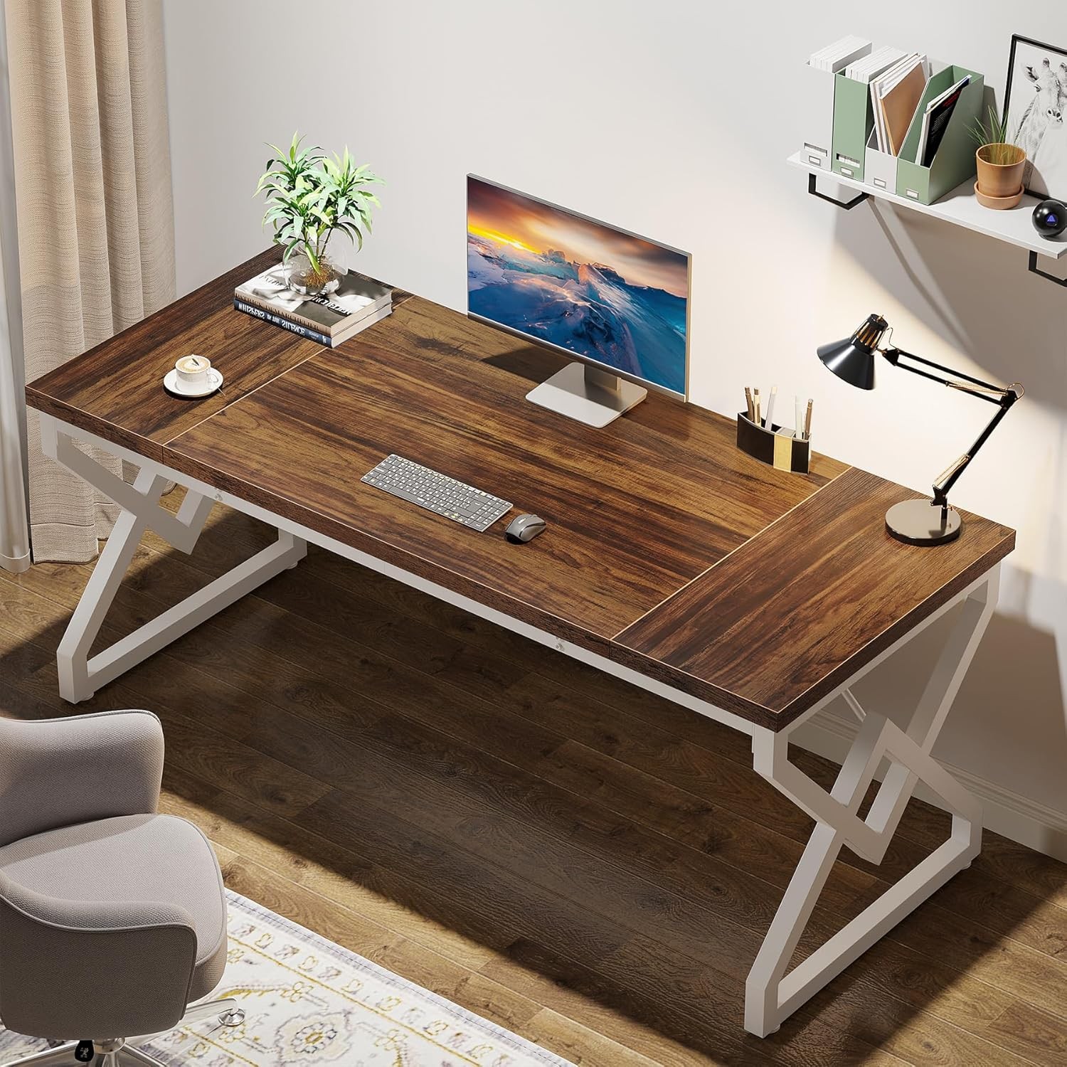 63 Inch Executive Desk, Large Office Desk with Metal Frame Computer Workstation