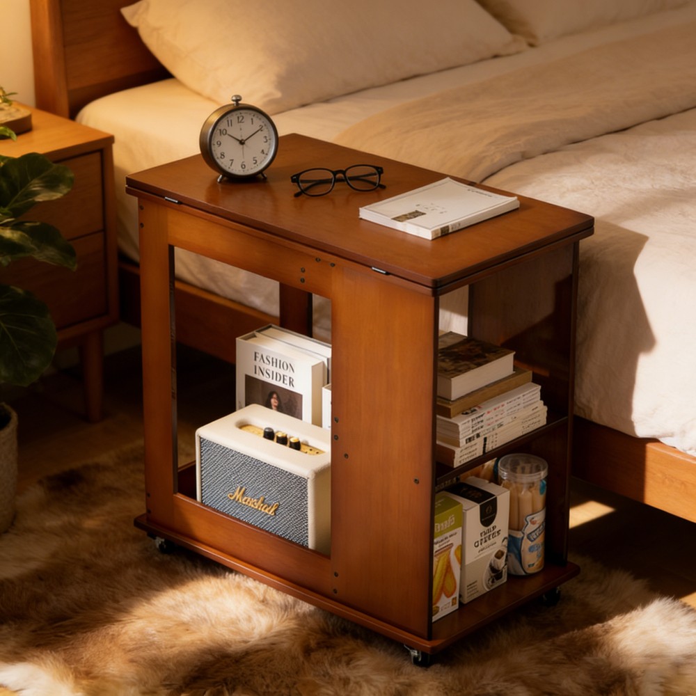 Folding Edge Table With Movable Storage, Bamboo Foldable Tabletop for Beds Sofas