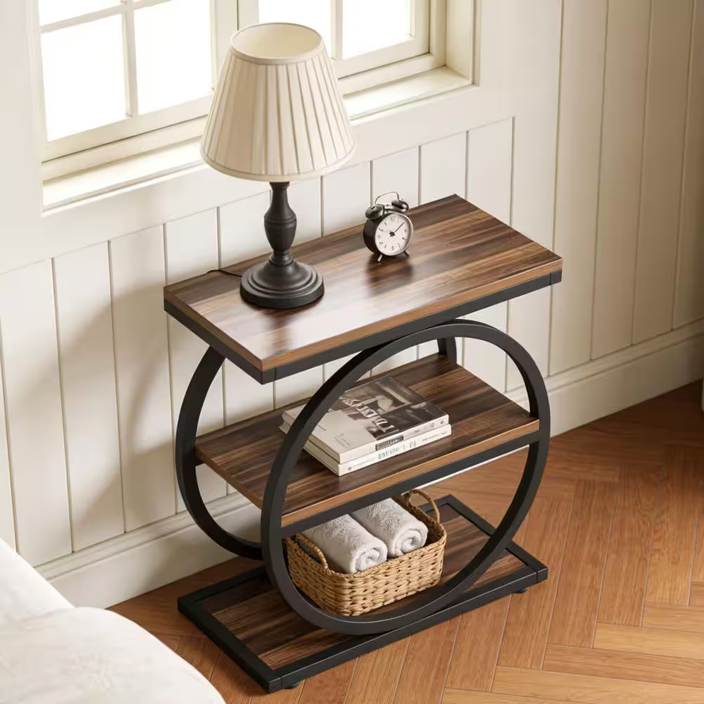 24 In. Dark Brown Rectangle Wood End Table with 3 Tiers Storage Shelves and Adju
