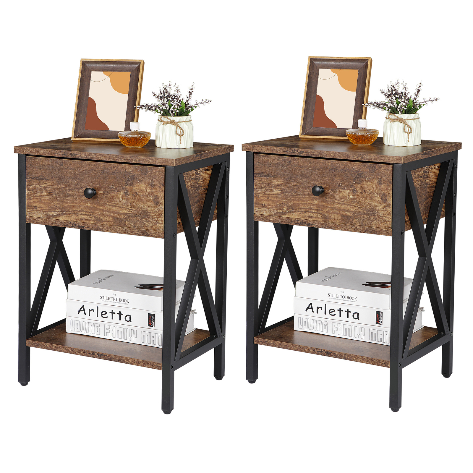 Set of 2 End Tables X-Design Legs Side Sofa Table Storage Shelf W/Drawer Brown