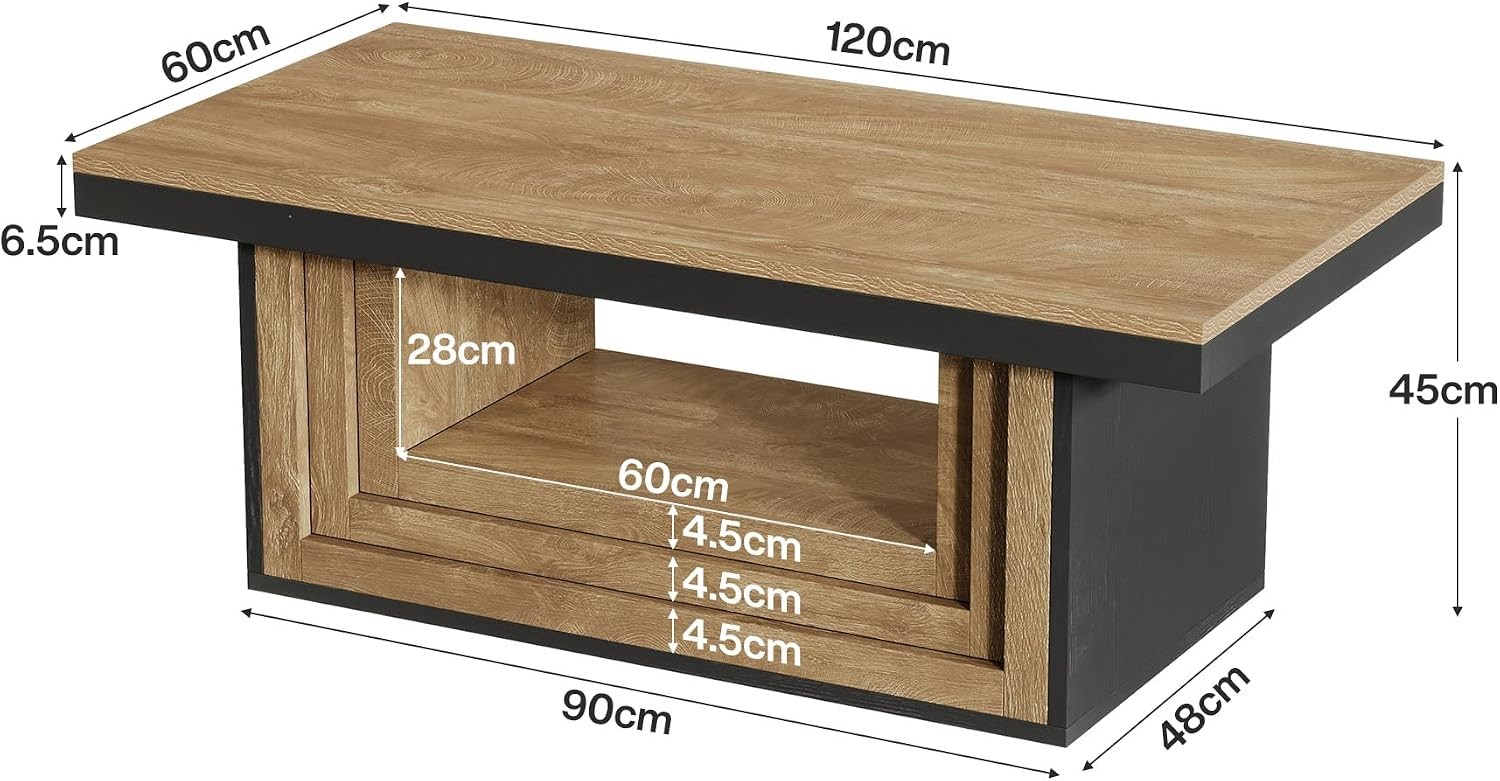 Rectangular Open Storage Coffee Table 120cm Rustic Ribbed Center Table w/ Shelf