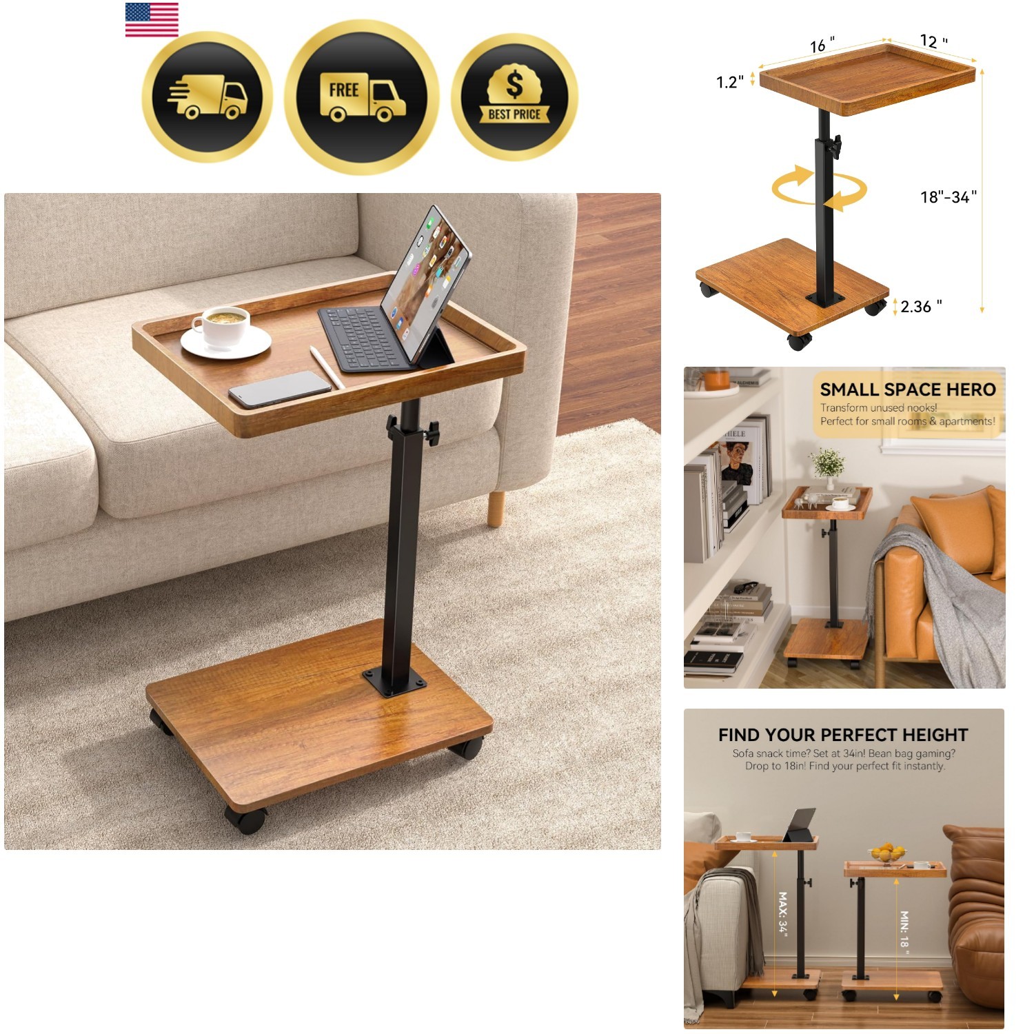 Adjustable Height Swivel C Side Table with Wheels for Sofa Bed Living Room