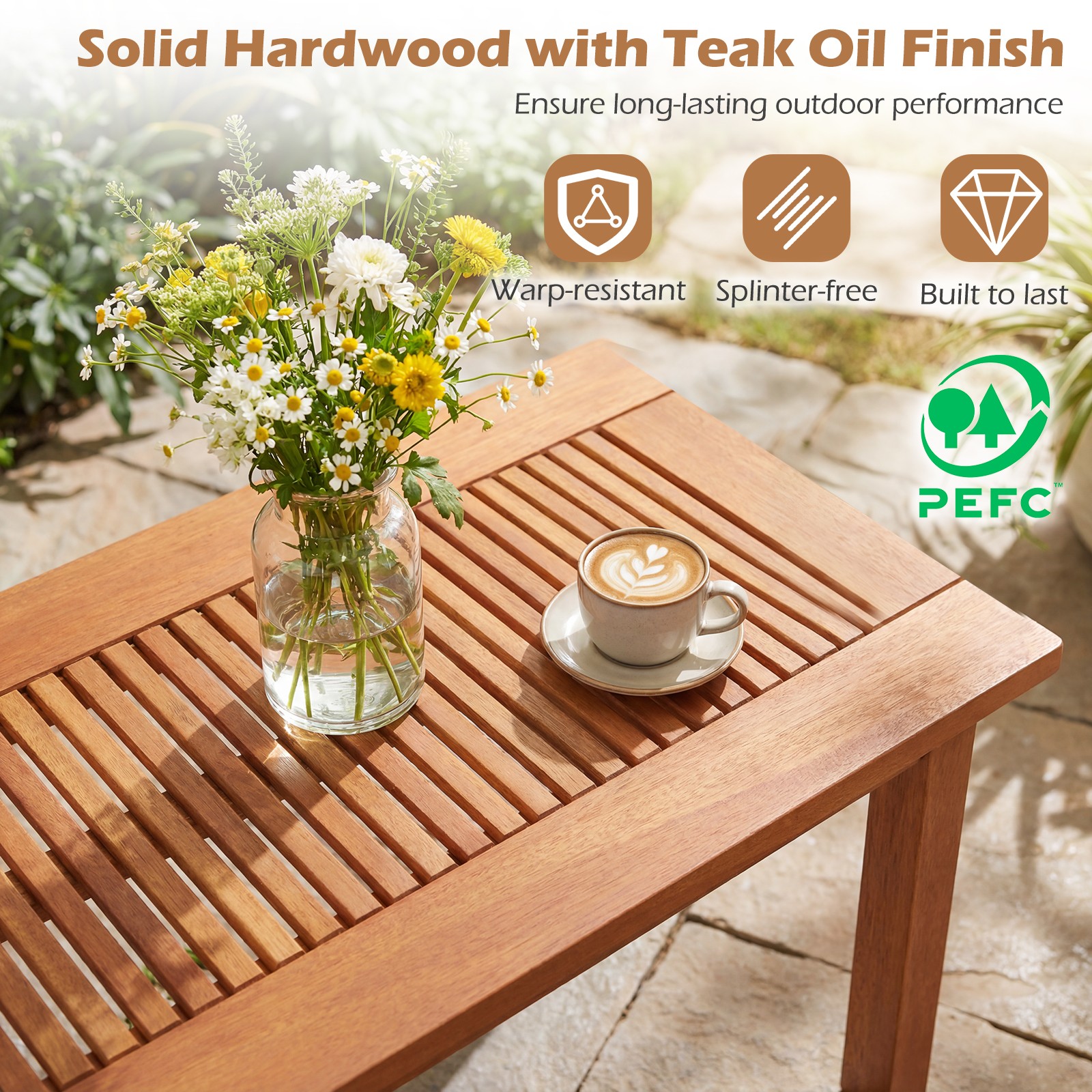 35.5 Inch Outdoor Coffee Table w/Slatted Top, Teak Oil Finish for Deck, Garden