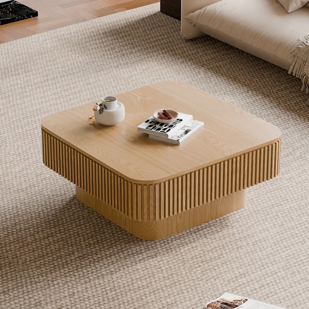 31.5” Square Coffee Table with Storage Solid Wood Veneered, Natural Wood