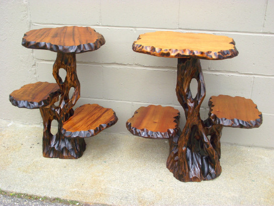 PAIR of Live Edge Free Form 3 Tier Tree Tables Natural Burled Wood -Asian Bonsai
