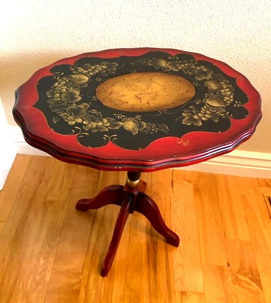 VTG Wooden Tilt Table Hand Painted Tole and Gold Leaf, Floral & Fruits, Unique