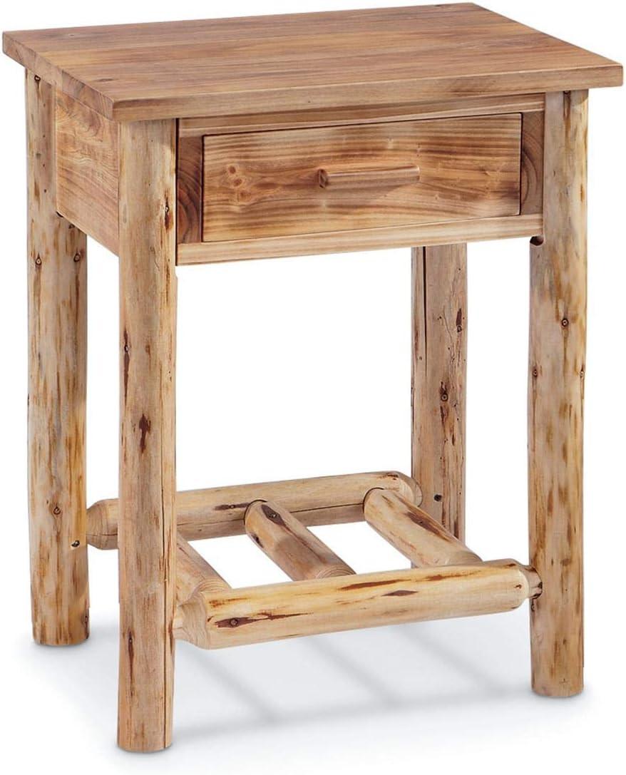 CASTLECREEK Pine Log End Table Nightstand, Rustic Natural Weathered Look Wooden
