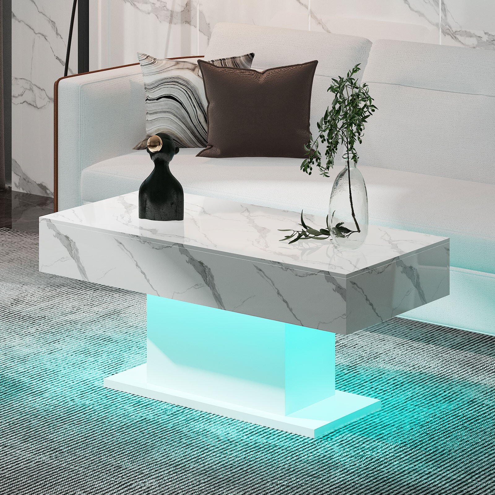 Marble White Modern High Glossy LED Coffee Table 16Color LED Light Living Room