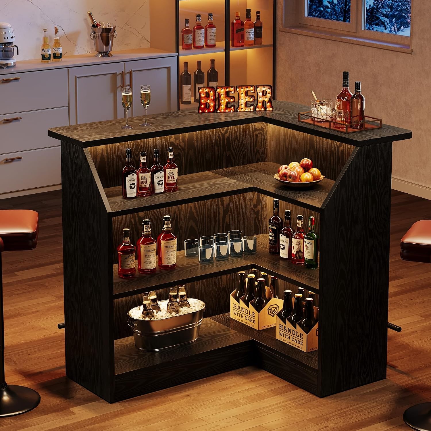 L Shaped Bar Table, Modern Home Bar Unit with Storage Shelves & Metal Footrest