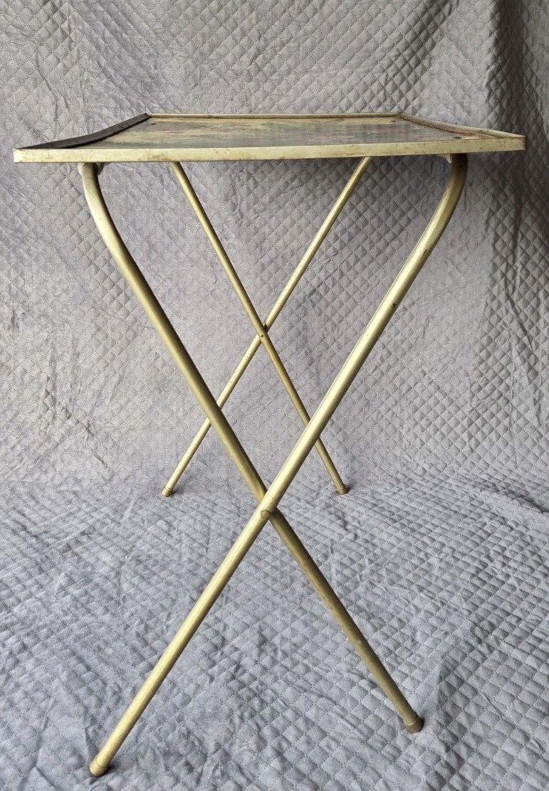 Vintage Folding TV Trays Beige Floral MCM Metal & Fiberboard Nel Cary