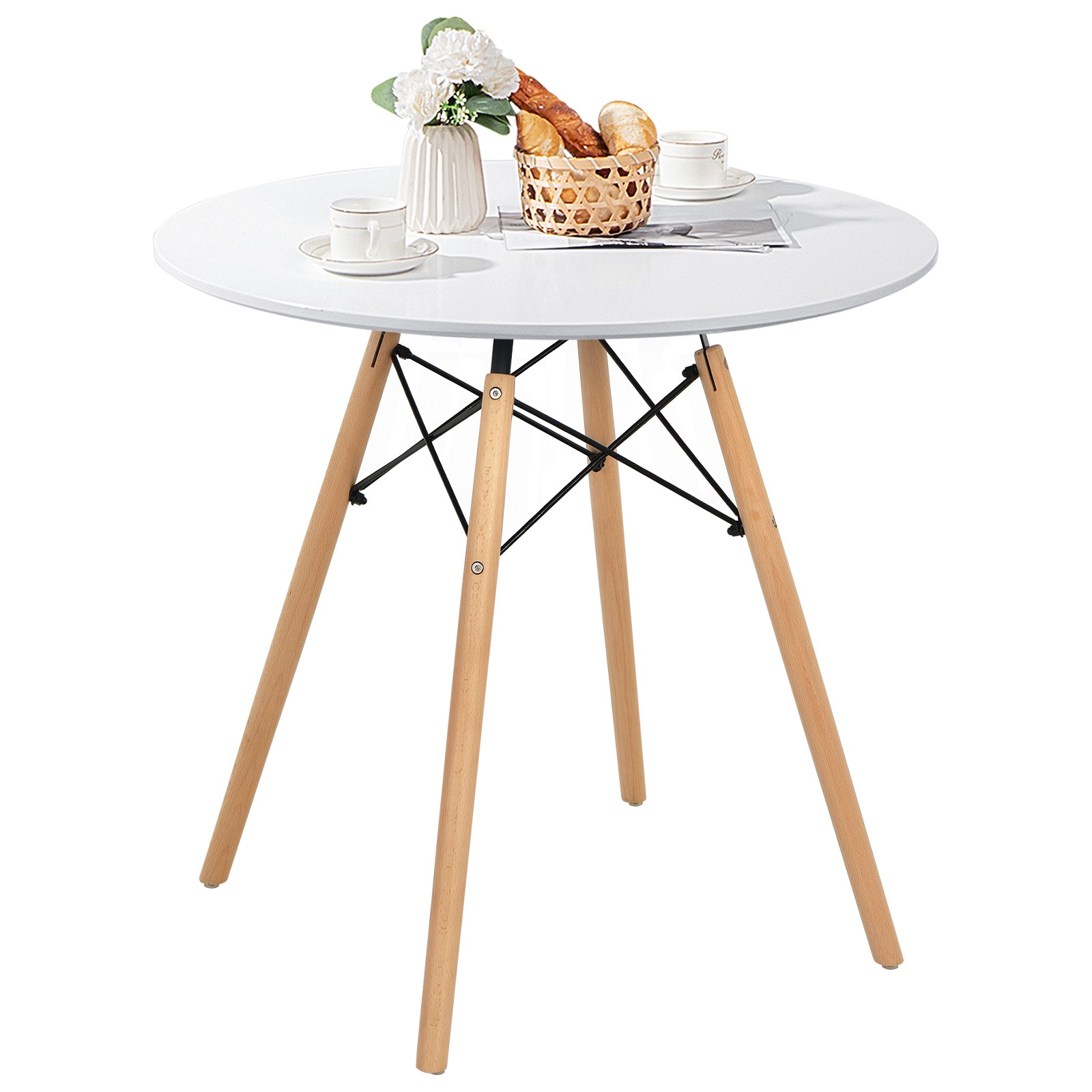 Dining Table Round White Modern Dining Table 31.5″ w/ Solid Wooden Legs Kitchen