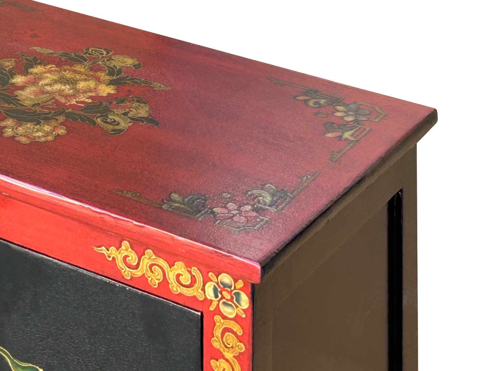 Tibetan Oriental Black Red Foo Dogs Lions End Table Nightstand GB158