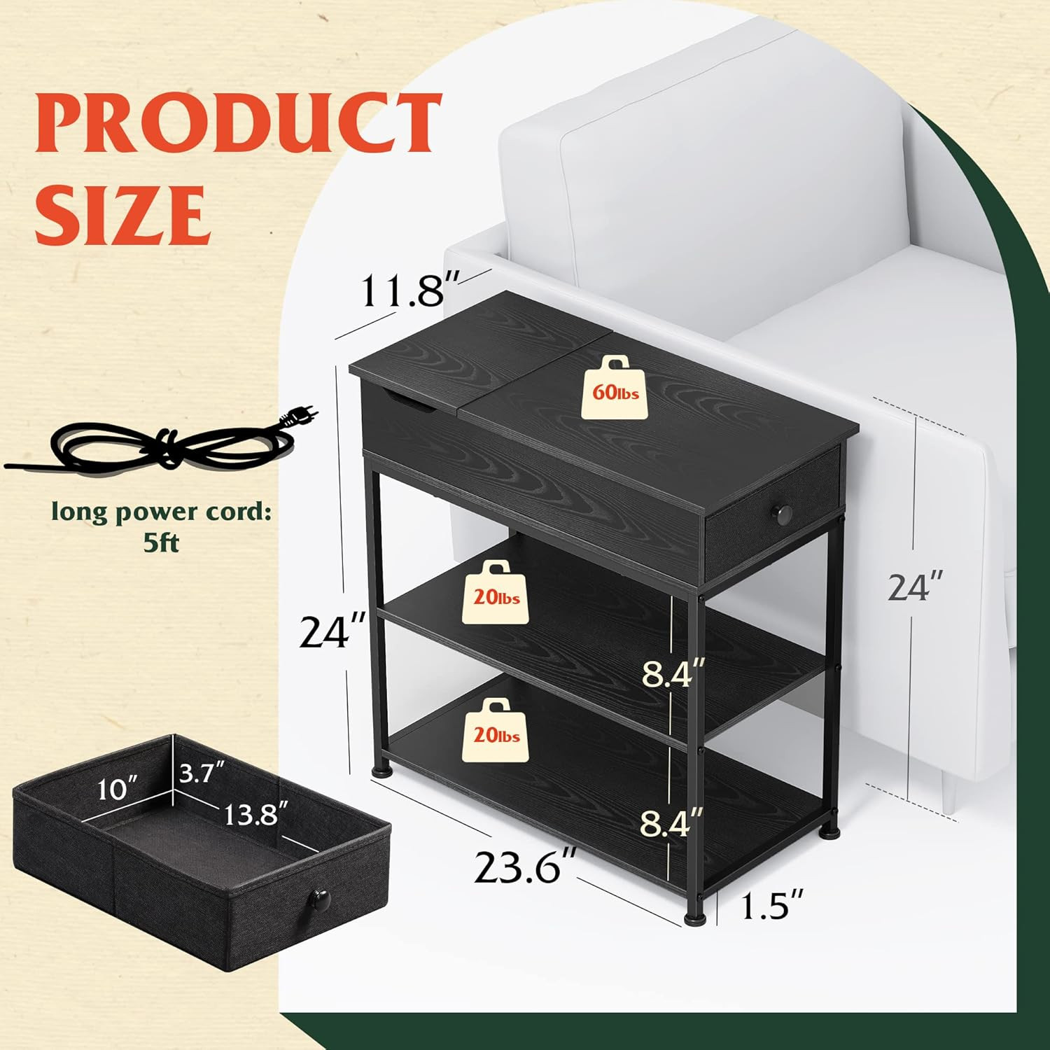 Compact Black Side Table with USB Ports, Outlets, Drawer & Storage Shelves