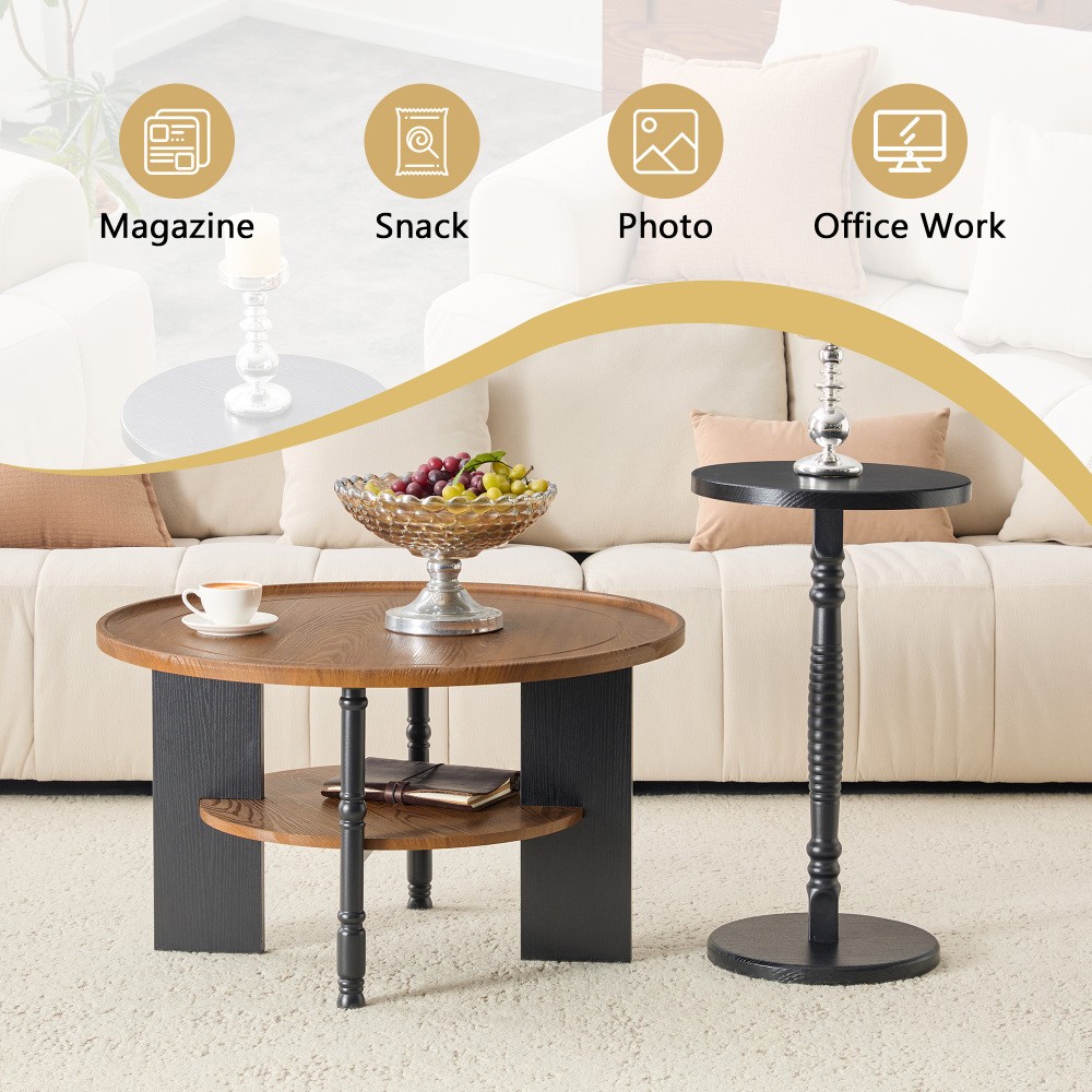 Round Coffee Table Side Table 2 Piece Set with Storage Shelf PVC Surface MDF