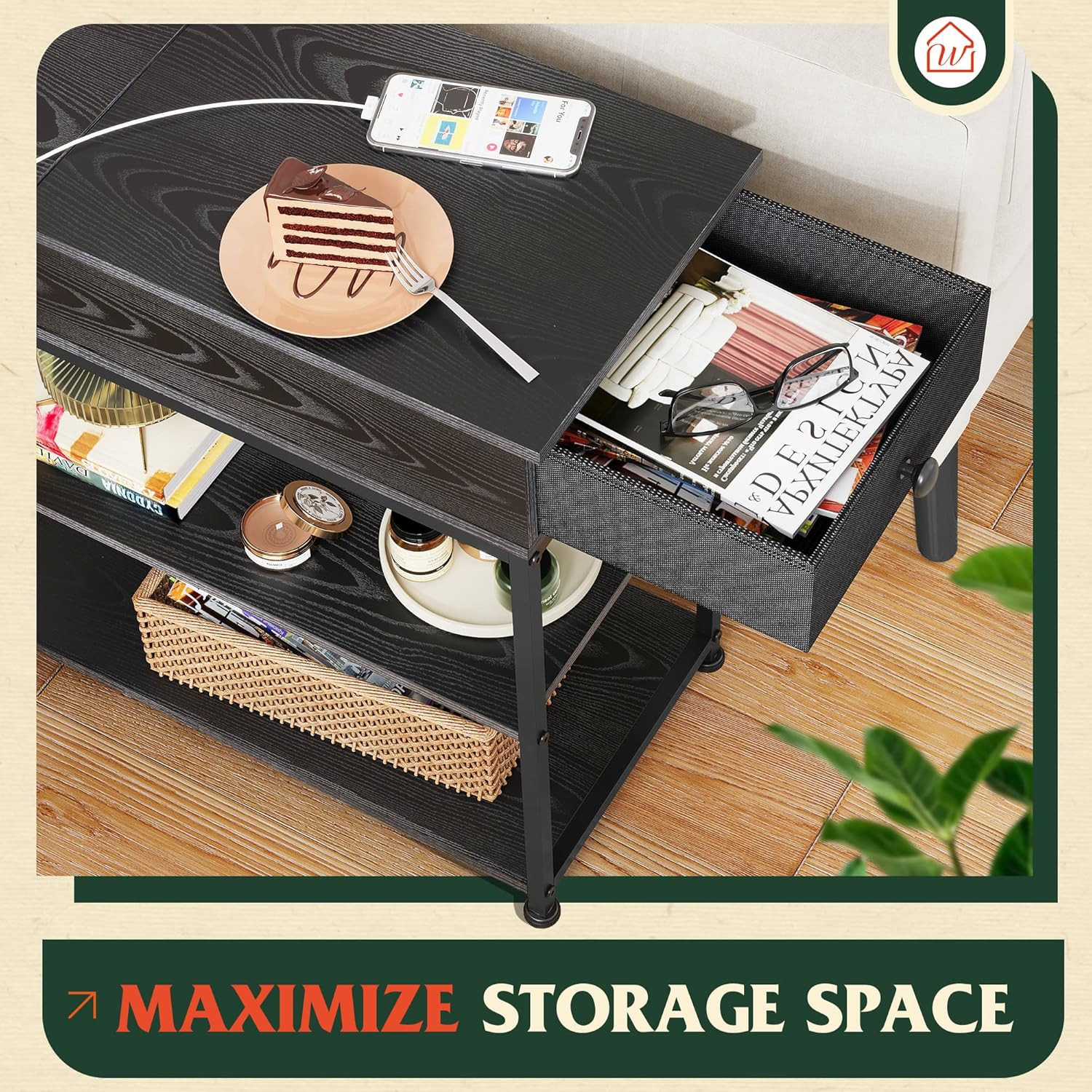 Compact Black Side Table with USB Ports, Outlets, Drawer & Storage Shelves