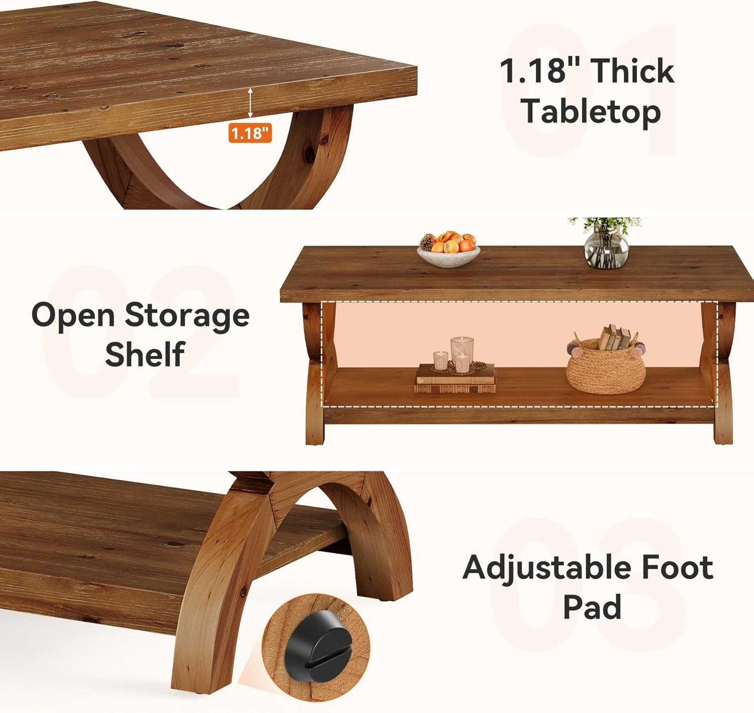 47-Inch Solid Wood Coffee Table Rectangular Accent Center Table for Living Room