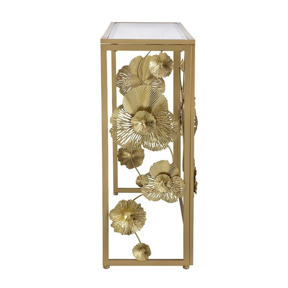 Pemberly Row 39″ Iron Console Table with Mirrored Top and Floral Design in Gold