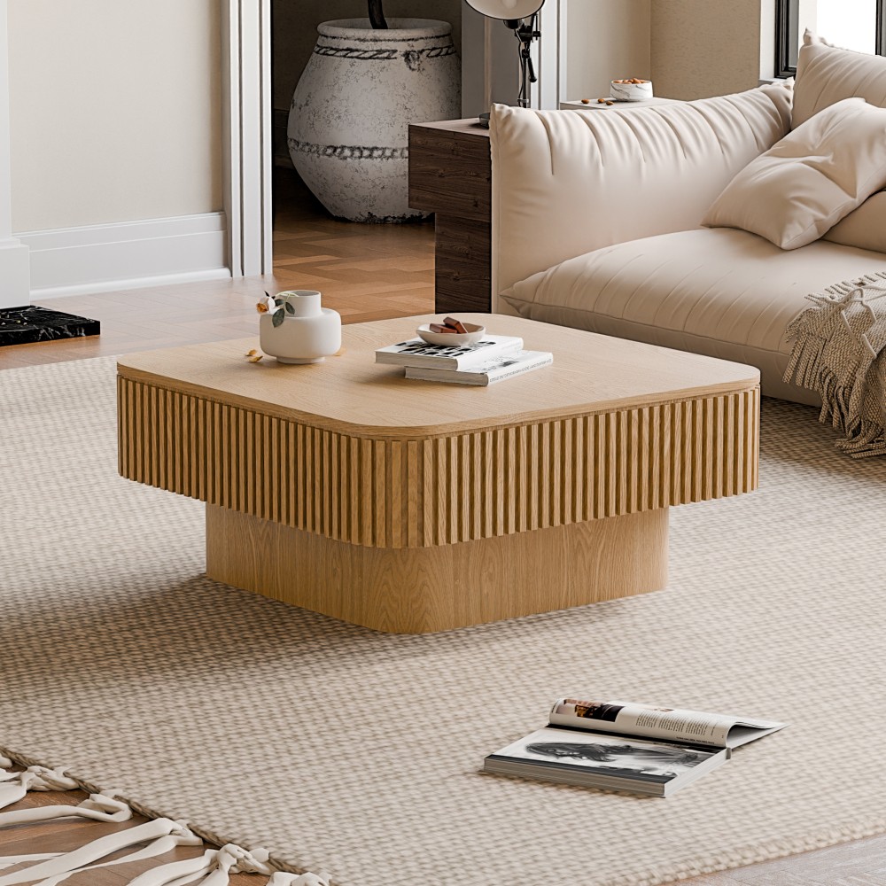 31.5” Square Coffee Table with Storage Solid Wood Veneered, Natural Wood
