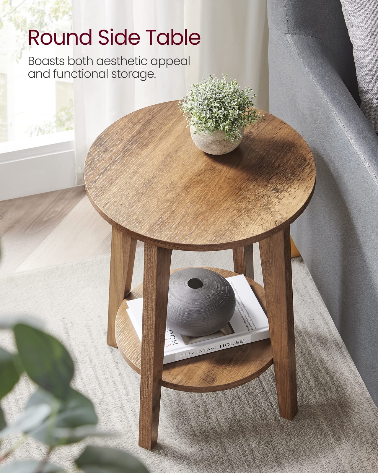 VASAGLE Round End Table with Lower Shelf, Nightstand for Small Spaces, 15.8