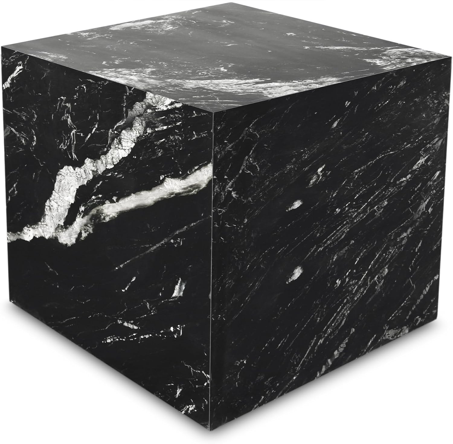 Art Deco Black Marble End Table with White Veining – 18″ W x 18″ D x 18″ H
