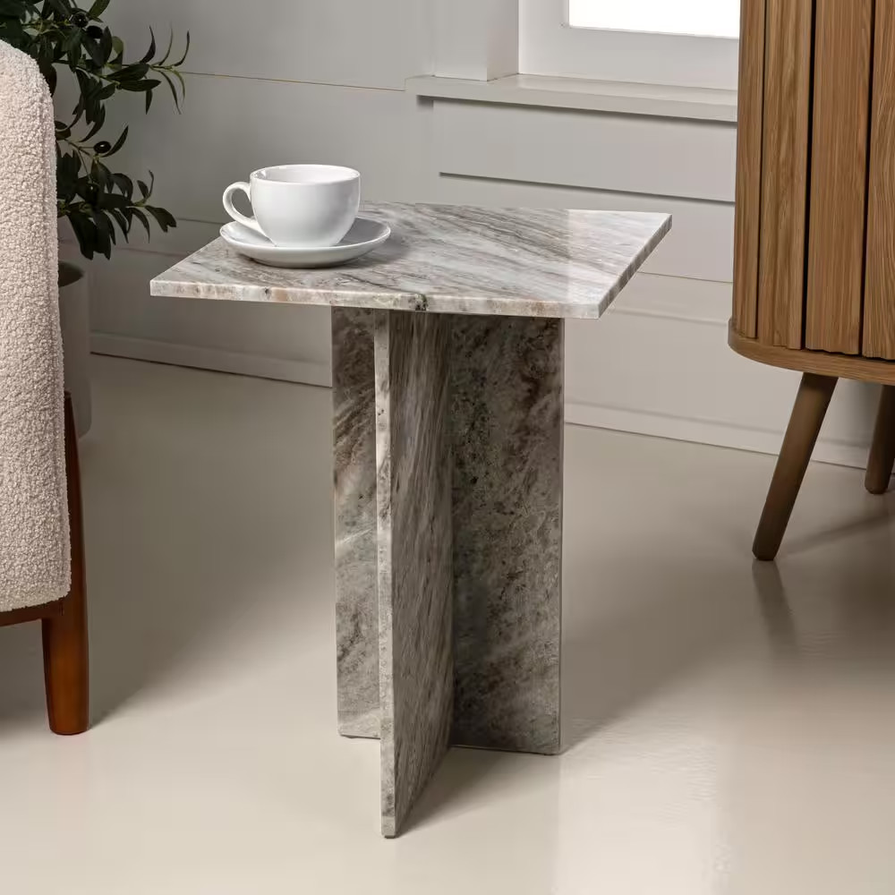 Cecil 14 In. Gray/Beige Contemporary Natural Marble Handmade Square T-Shaped End