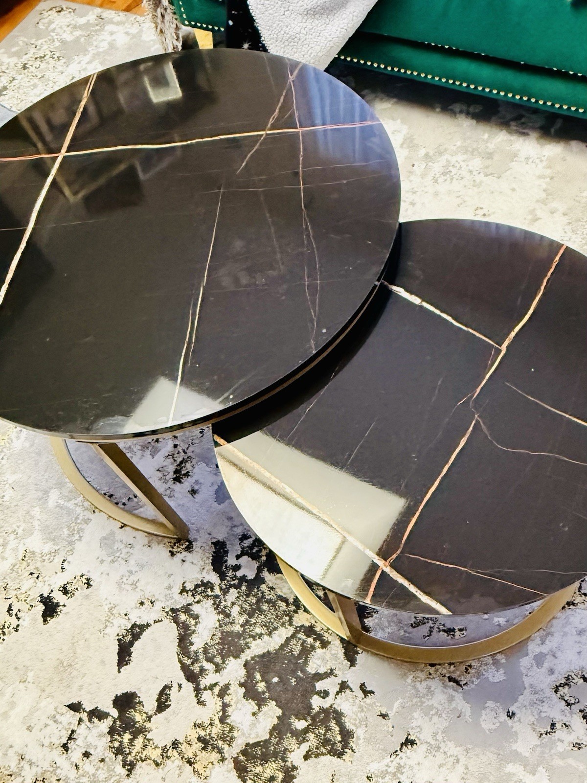 Round Black Marble Nesting Coffee Tables Gold Metal Base Polished Abstract Print