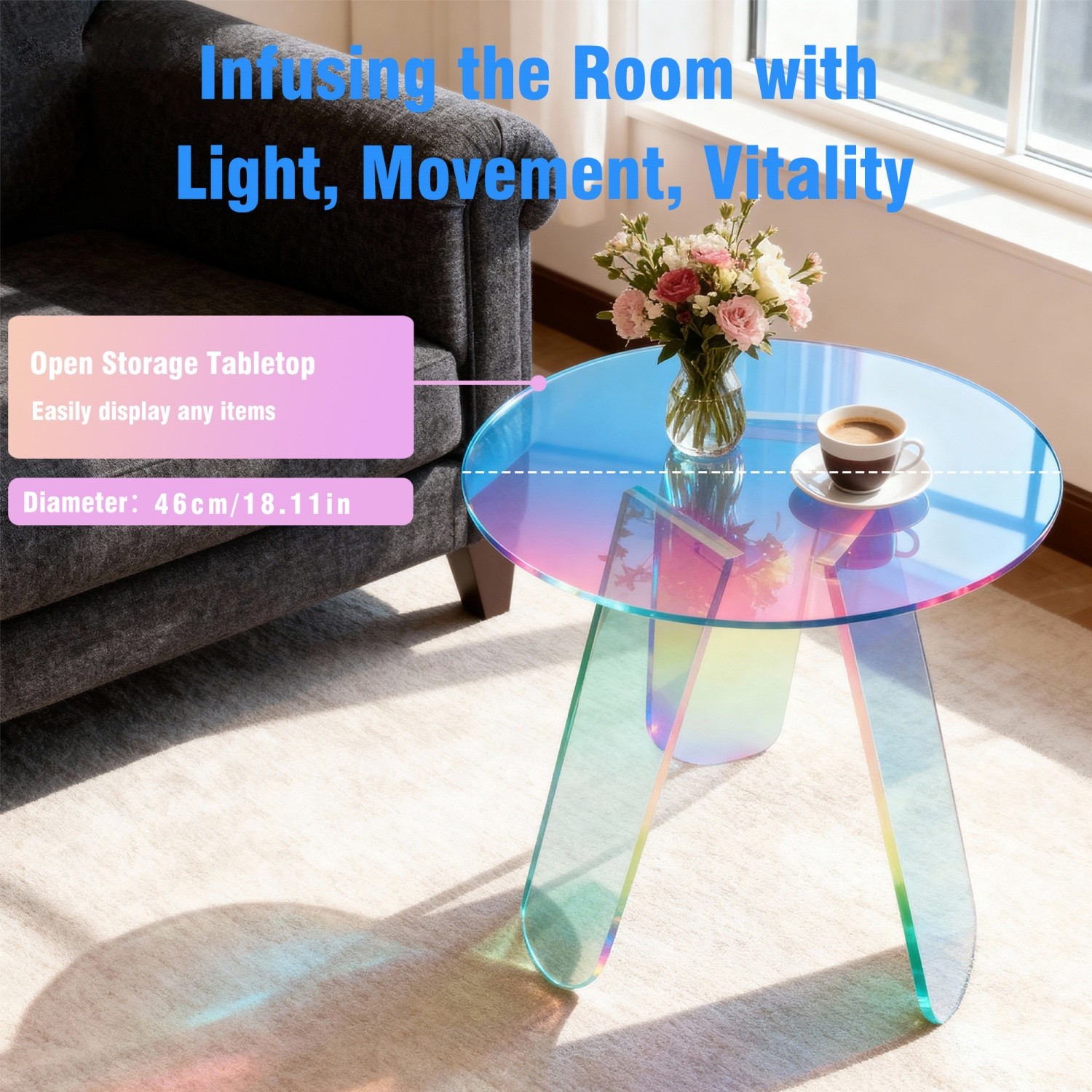 Round Iridescent Side Table Acrylic End Table w/ PVC Table Cover for Living Room