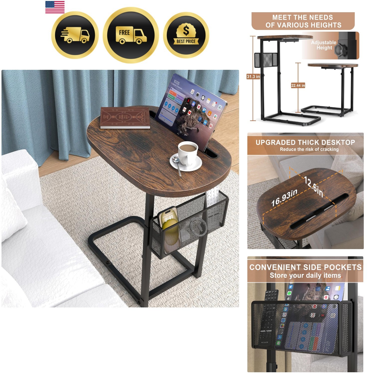 TV Tray Table with Storage Baskets Adjustable Height Couch Side End Table
