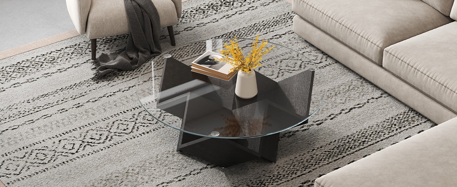 Round Coffee Table with Tempered Glass Top and Geometric Art Deco Storage