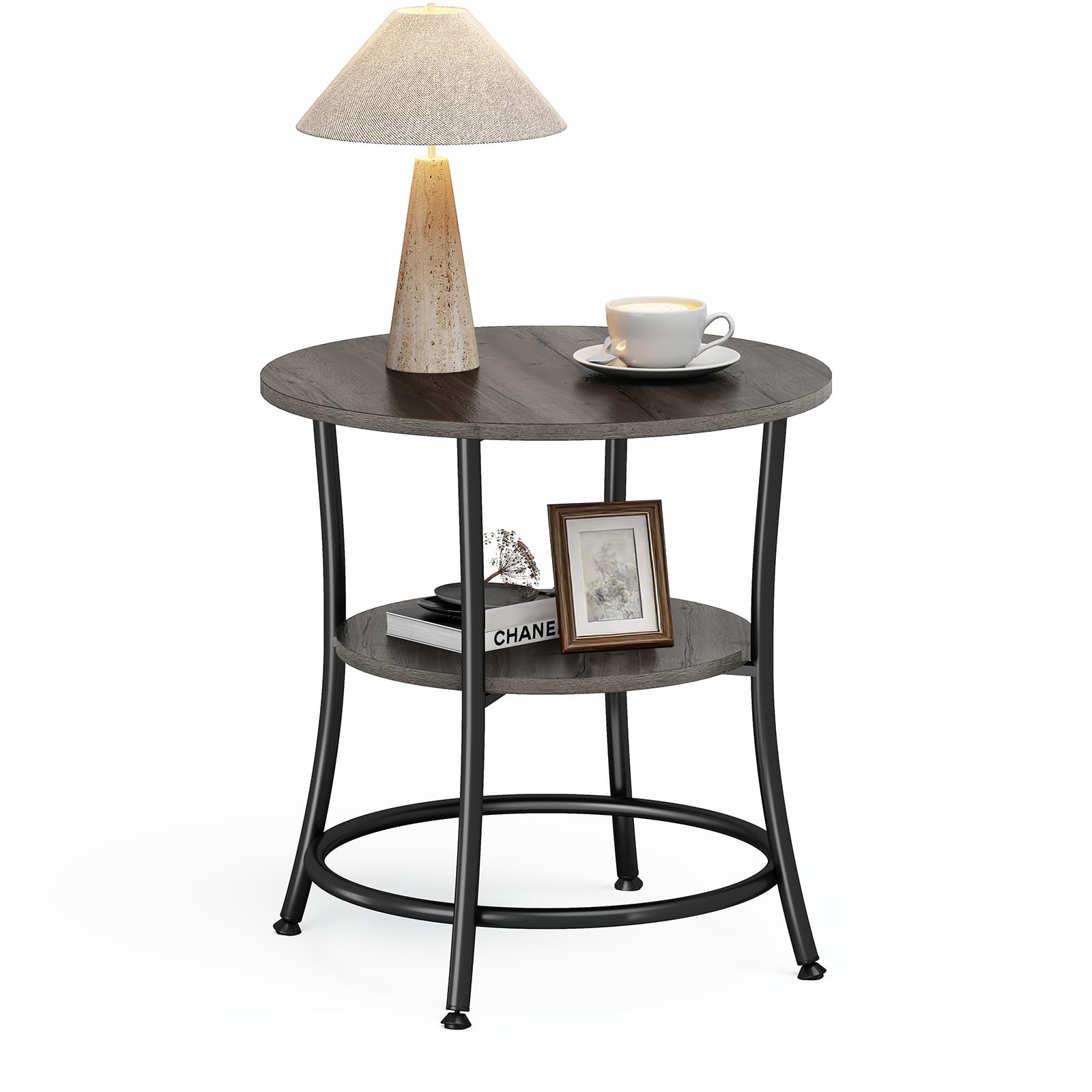 2-Tier Side Round Table Living Room,Accent End Table w/Storage Shelf,Metal Frame