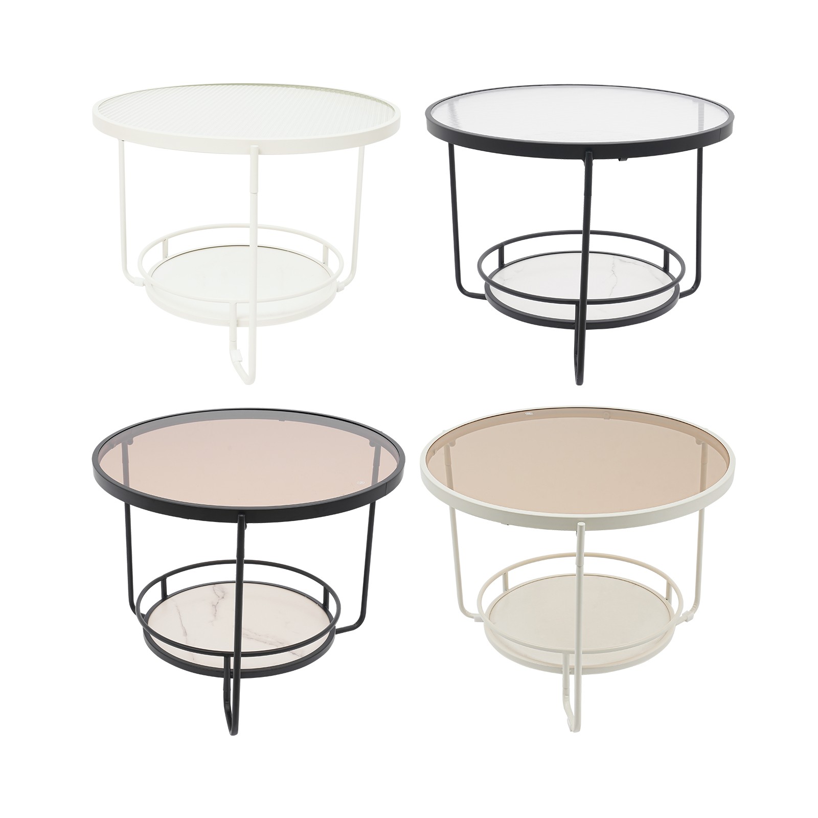 Modern Round 2-Tier Side Table – Black/White& Teal/Clear, Tempered Glass 60/40cm