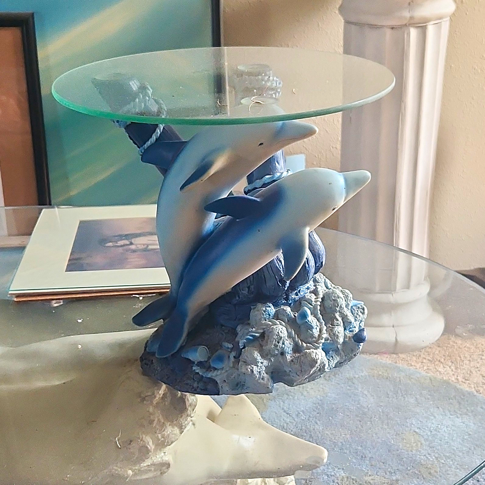 Round Glass Top Table Dolphin Base Art Deco Blue/Clear