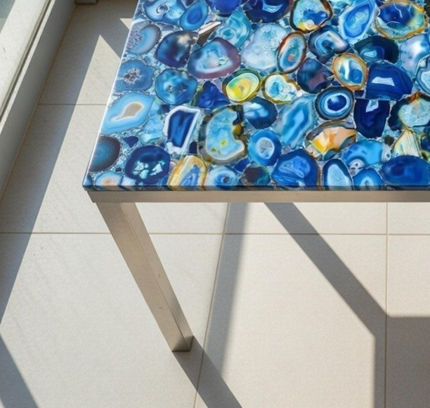 Blue agate coffee table top, Agate stone center table, modern furniture decor