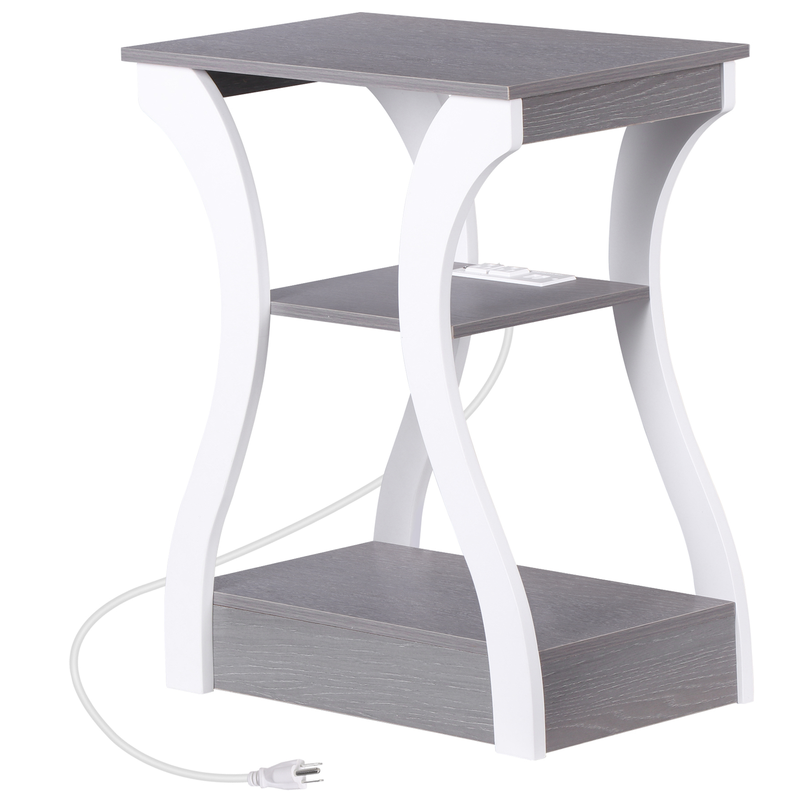 End Table Side Table 3-Tier Storage Shelf for Small Space with Outlet Grey+White