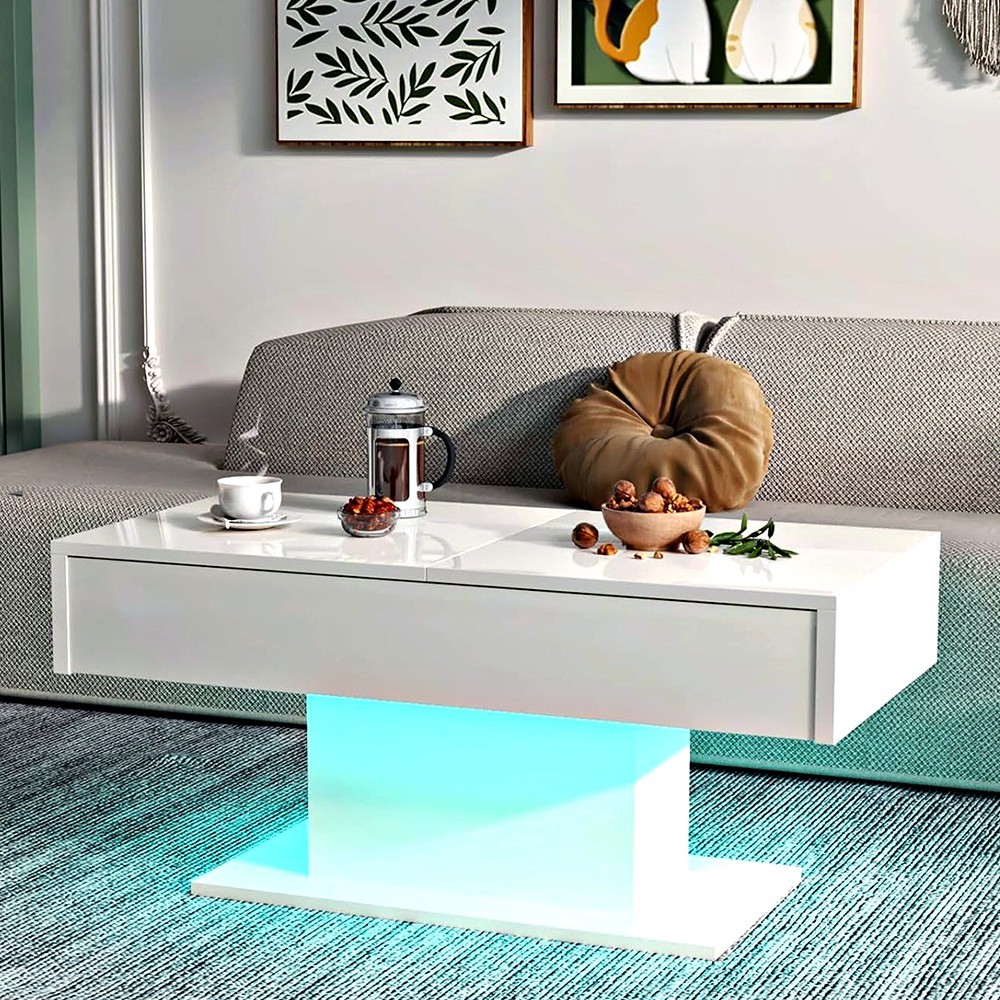 RGB LED MODERN COFFEE TABLE WITH HIDDEN STORAGE 69″ EXTENDABLE SLIDING TOP WHITE