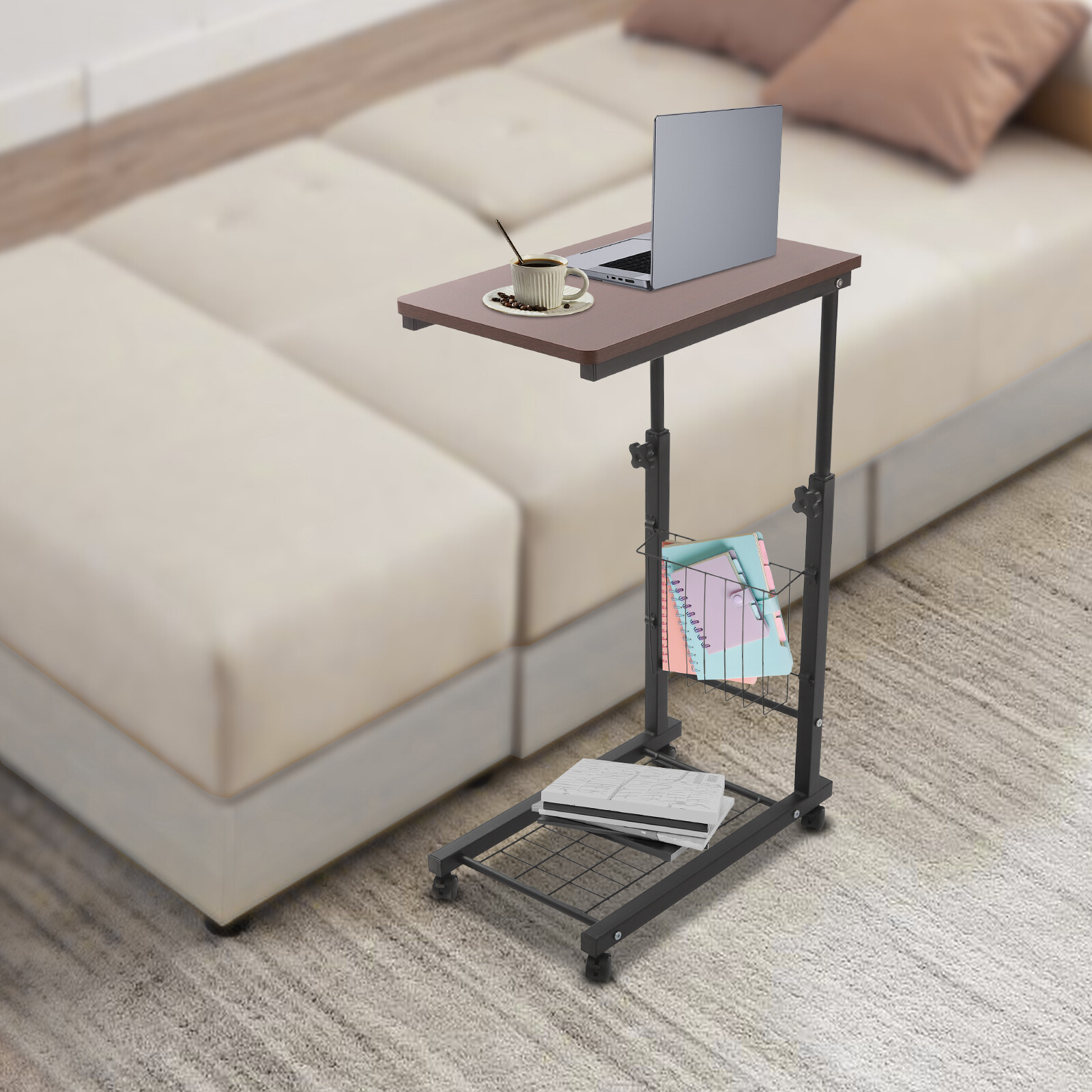 2 Tiers Red Walnut Color Mobile Standalone Adjustable Bed Side Table w/ Wheels