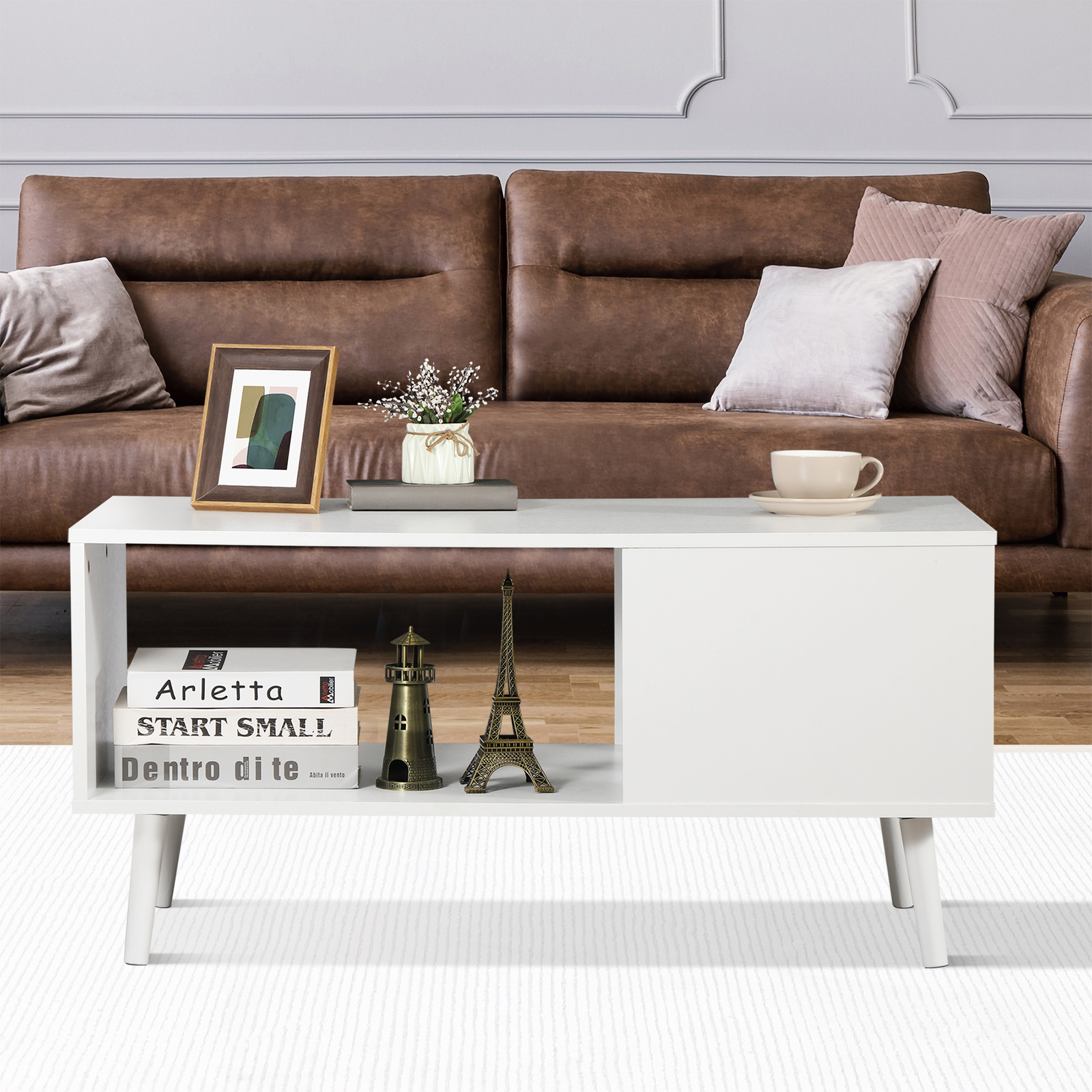 Wooden Retro Coffee Table Rectangular w/Open Storage Shelf for Living Room White