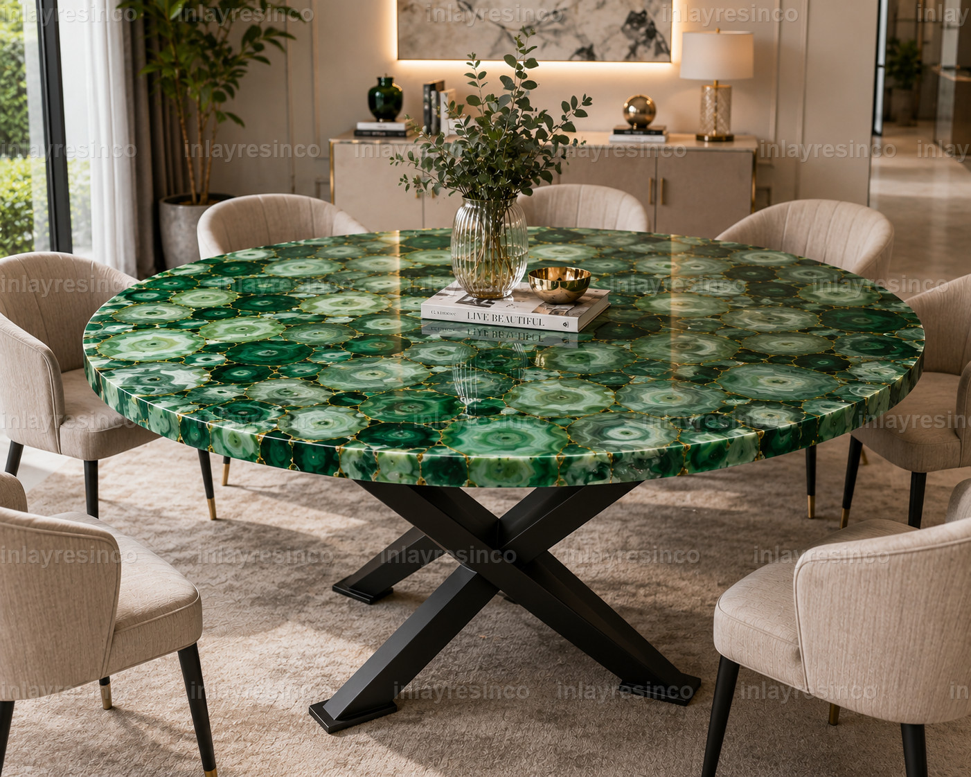 Green Agate Round Dining Table | Luxury Gemstone Dining Table | Handmade Stone