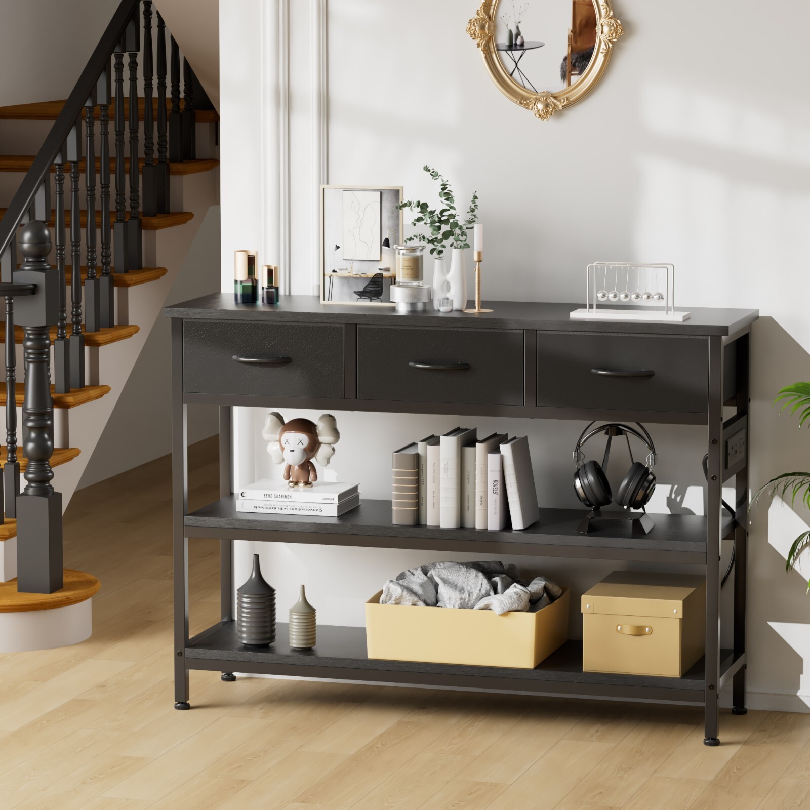43.3″ Console Table with Power Outlets 3 Drawers 2 Shelves Sofa Table Black