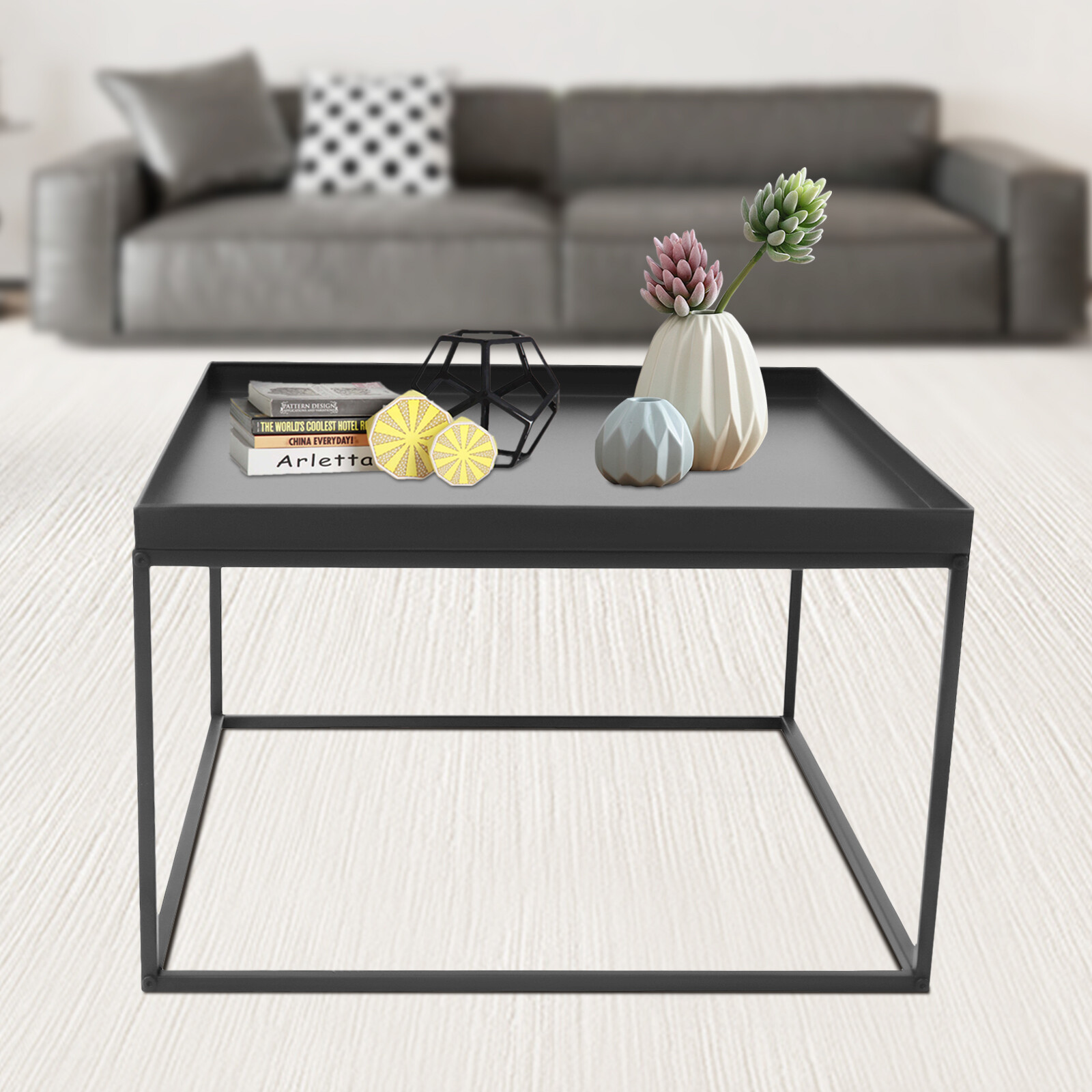 59cm Metal Square Coffee Table End Table/Side Table For Office Home Matt Black