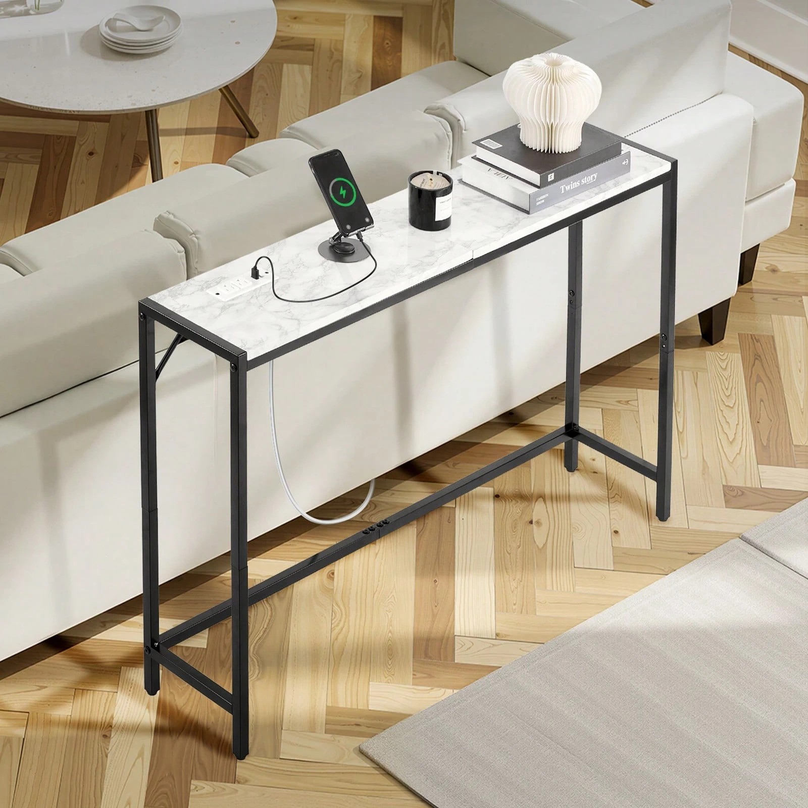 Marble Console Table with Power Outlet Narrow Behind Sofa Entryway Table