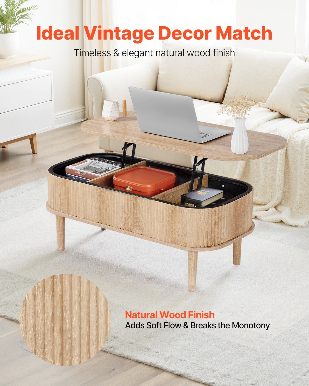 Oval Lift Top Coffee Table, 39.4in, Burlywood, Triple-Layer Construction, 25lb