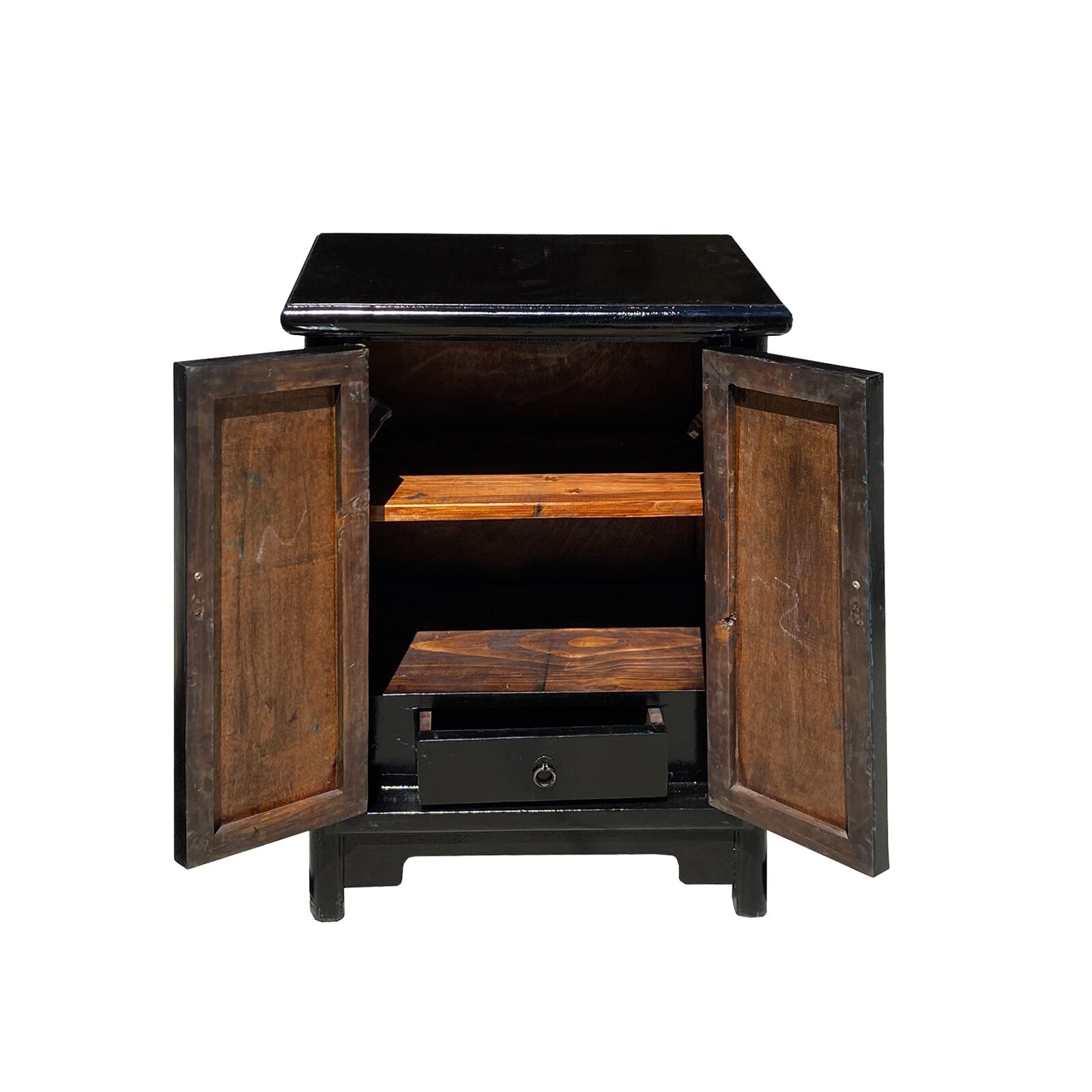 Chinese Distressed Black Yellow Scenery Graphic End Table Nightstand cs7348