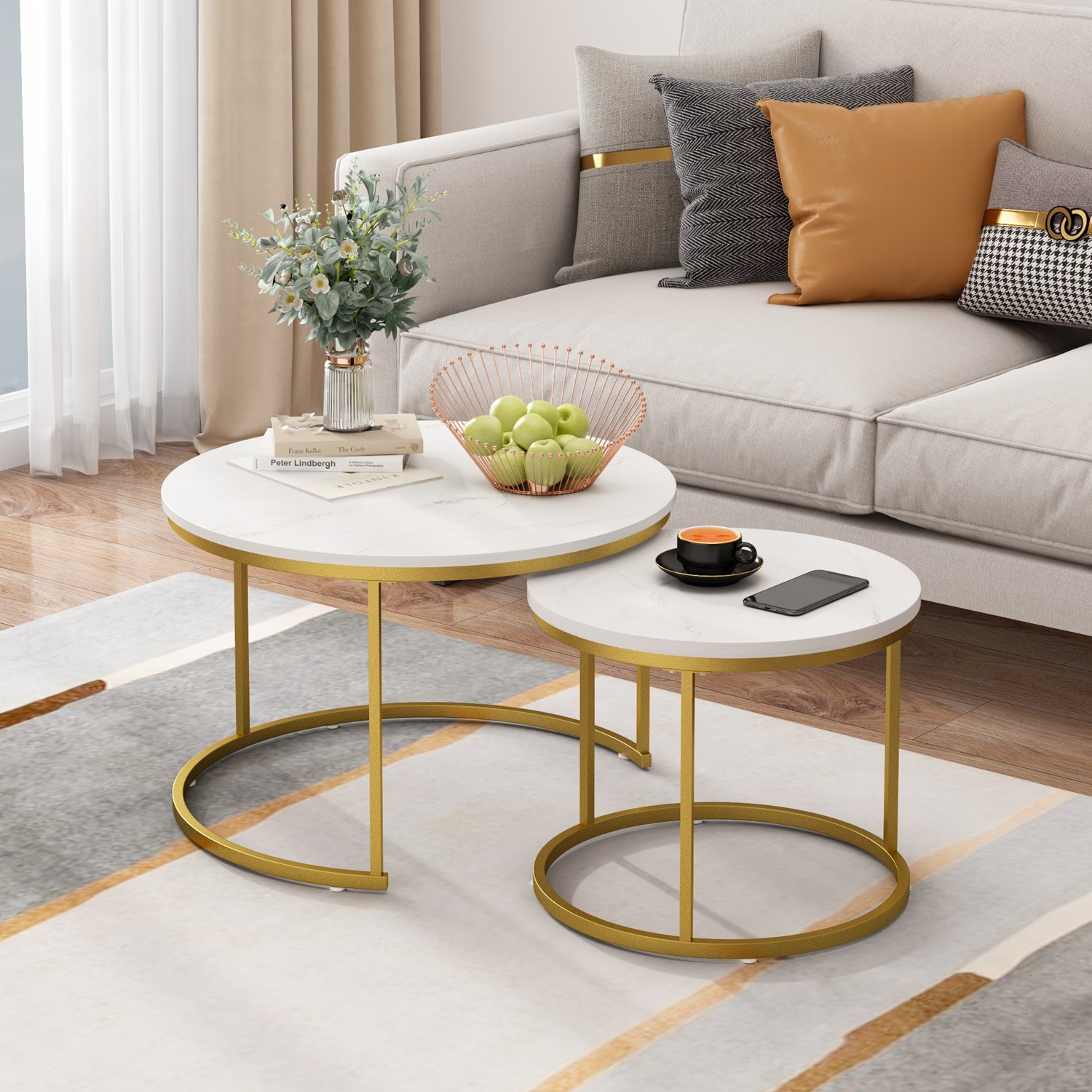 27″ Nesting Coffee Table Set of 2 – Round Coffee Tables MDF Top Metal Frame Desk