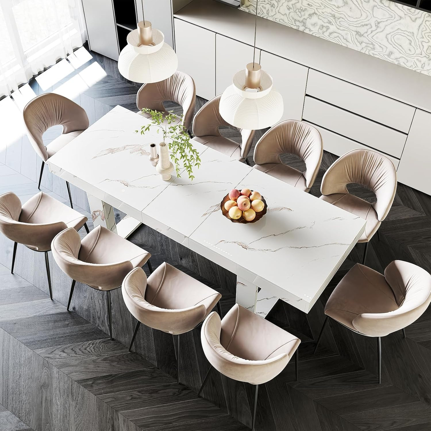 STHOUYN White Marble Extendable Dining Room Table for 8 10, 70.9″ (86.6″) X 31.5
