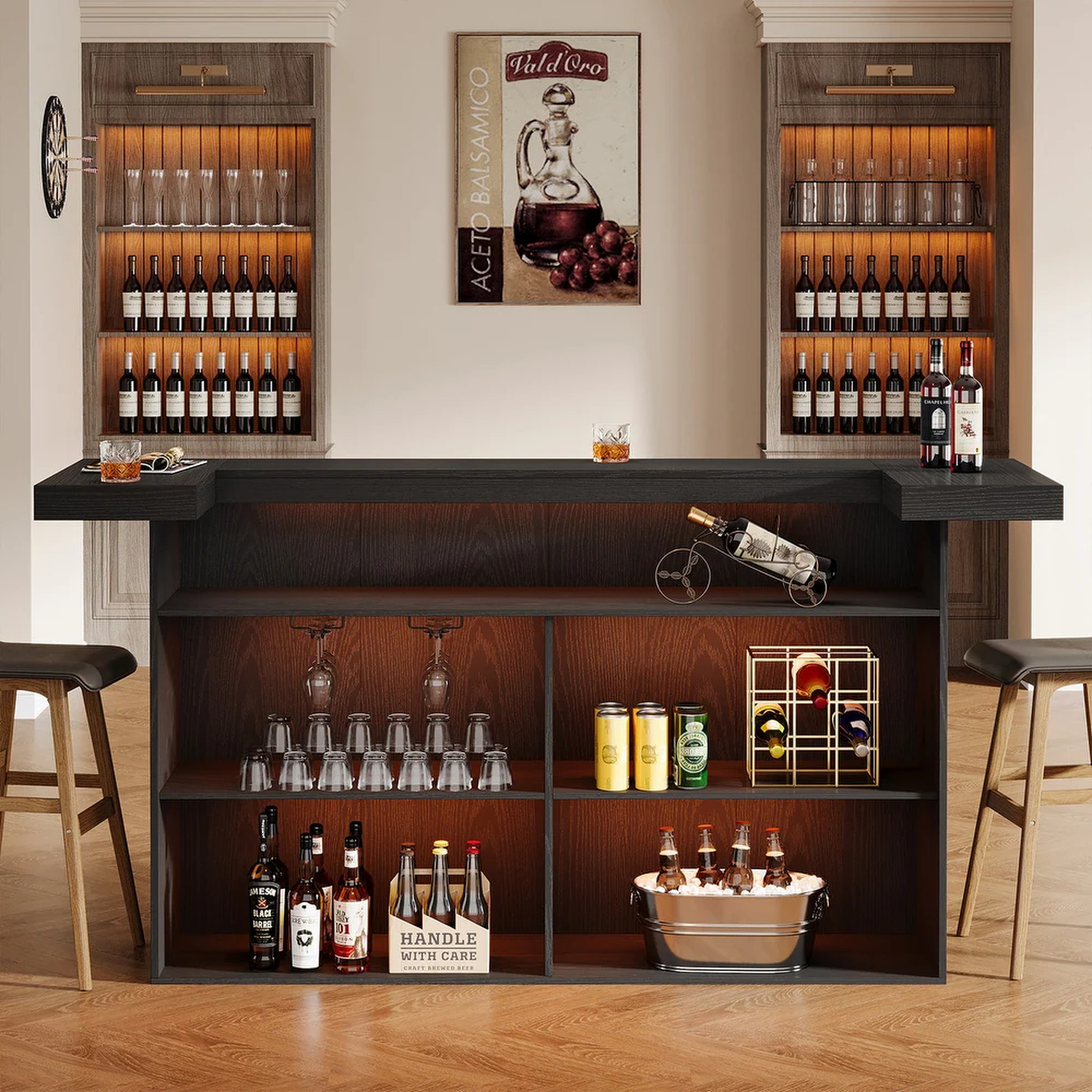 Modern Home Bar Cabinet 70.9″ Table Counter Height Liquor Storage Black Station